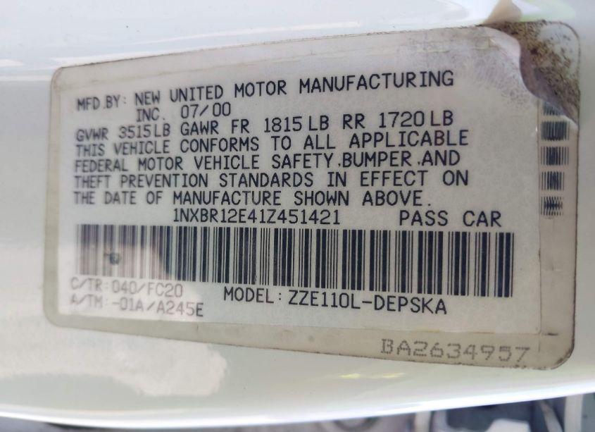 Photo 9 of 2001 Toyota Corolla S (VIN 1NXBR12E41Z451421)