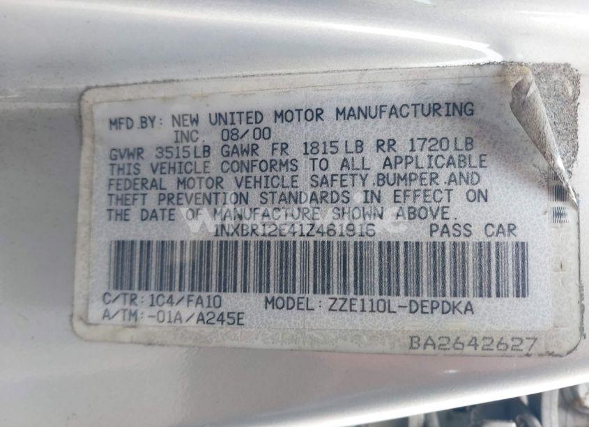 Photo 9 of 2001 Toyota Corolla LE (VIN 1NXBR12E41Z461916)