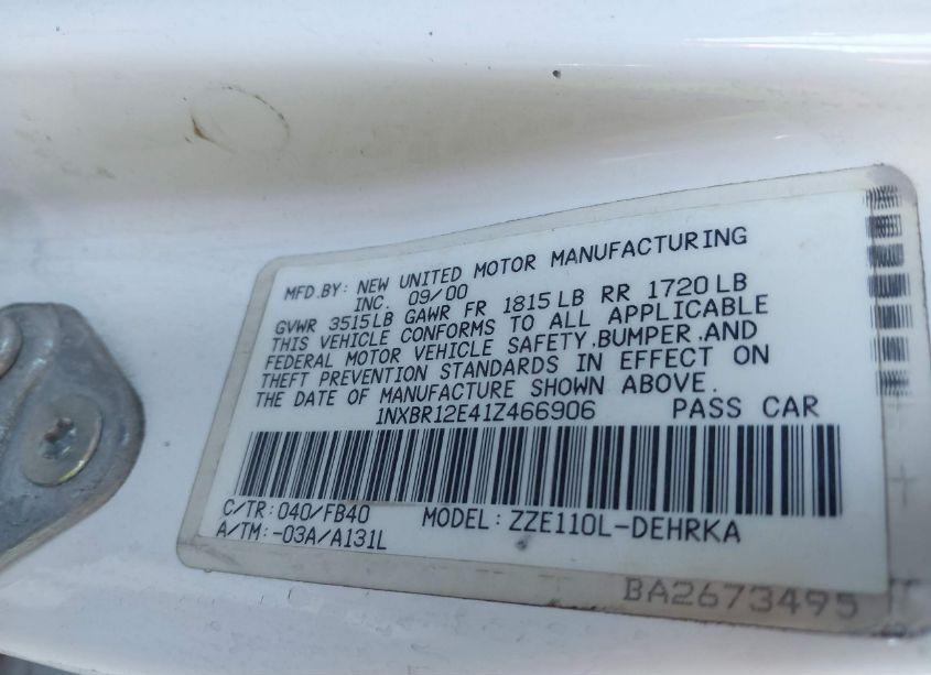 Photo 9 of 2001 Toyota Corolla CE (VIN 1NXBR12E41Z466906)