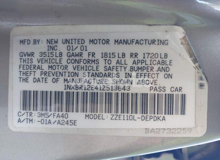 Photo 9 of 2001 Toyota Corolla LE (VIN 1NXBR12E41Z513643)