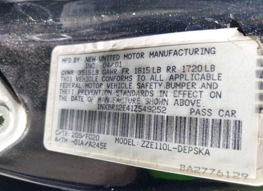 Photo 9 of 2001 Toyota Corolla S (VIN 1NXBR12E41Z549252)