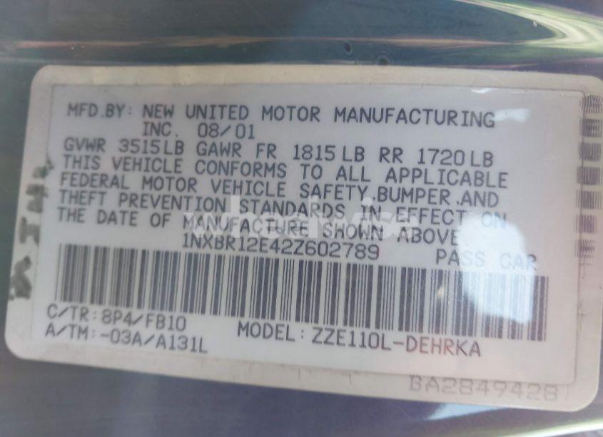 Photo 9 of 2002 Toyota Corolla CE (VIN 1NXBR12E42Z602789)