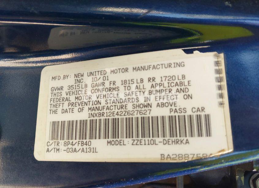 Photo 9 of 2002 Toyota Corolla CE (VIN 1NXBR12E42Z627627)