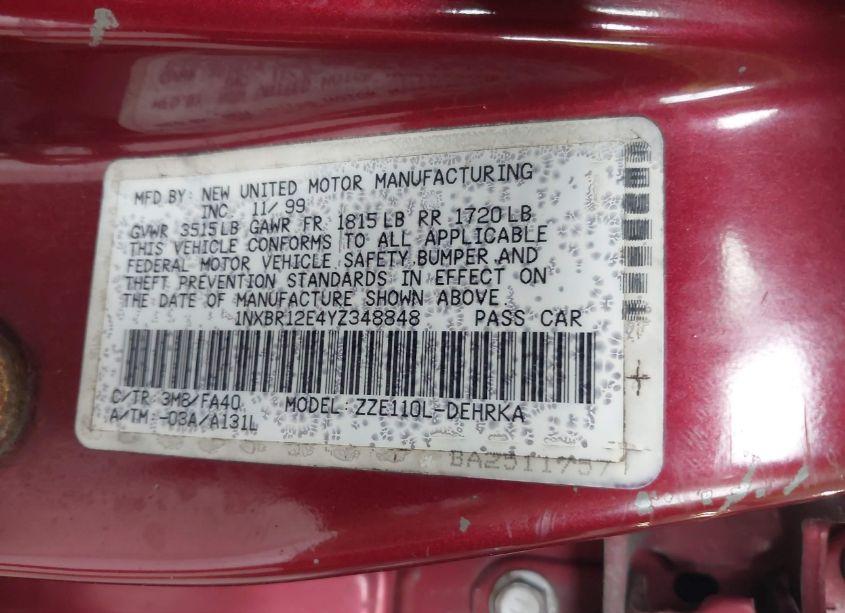 Photo 9 of 2000 Toyota Corolla VE (VIN 1NXBR12E4YZ348848)