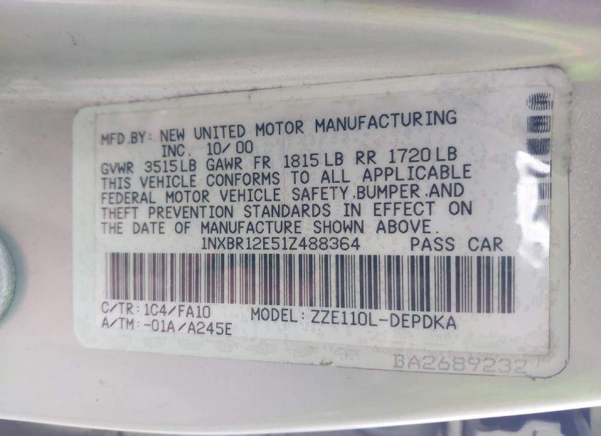 Photo 9 of 2001 Toyota Corolla LE (VIN 1NXBR12E51Z488364)