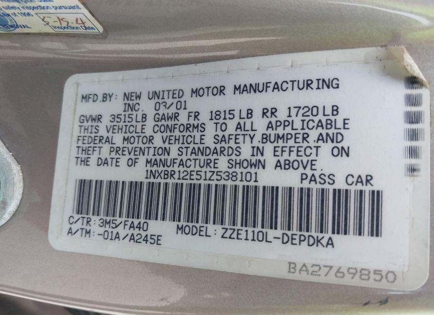 Photo 9 of 2001 Toyota Corolla LE (VIN 1NXBR12E51Z538101)