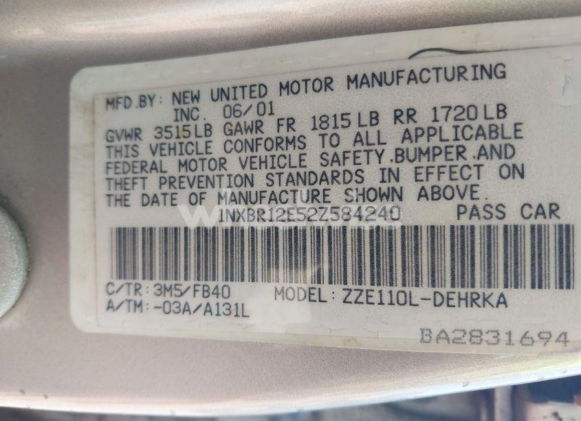 Photo 9 of 2002 Toyota Corolla CE (VIN 1NXBR12E52Z584240)