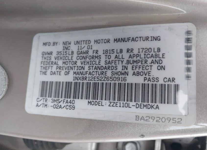 Photo 9 of 2002 Toyota Corolla LE (VIN 1NXBR12E52Z650916)