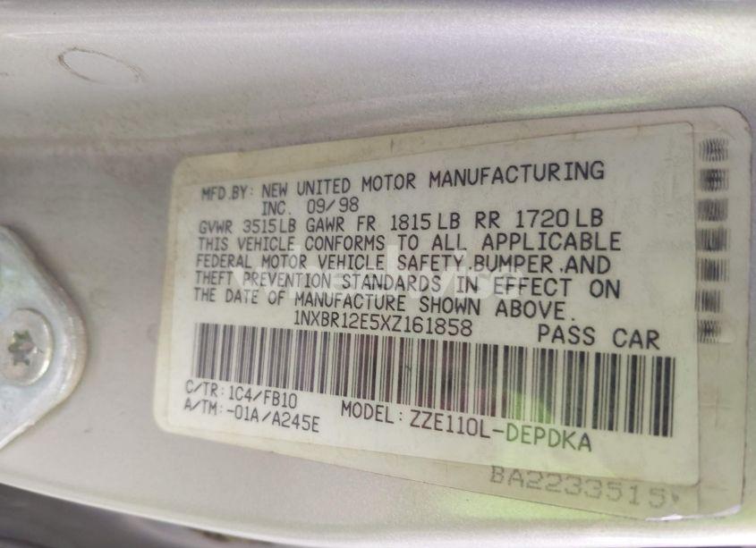 Photo 9 of 1999 Toyota Corolla CE (VIN 1NXBR12E5XZ161858)