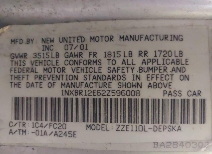 Photo 9 of 2002 Toyota Corolla S (VIN 1NXBR12E62Z596008)