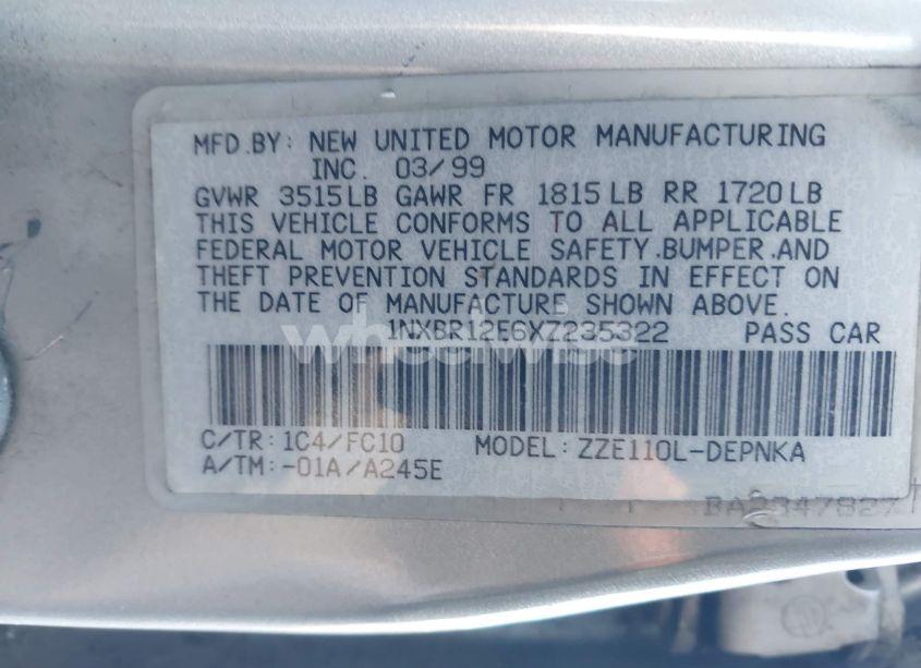 Photo 9 of 1999 Toyota Corolla LE (VIN 1NXBR12E6XZ235322)