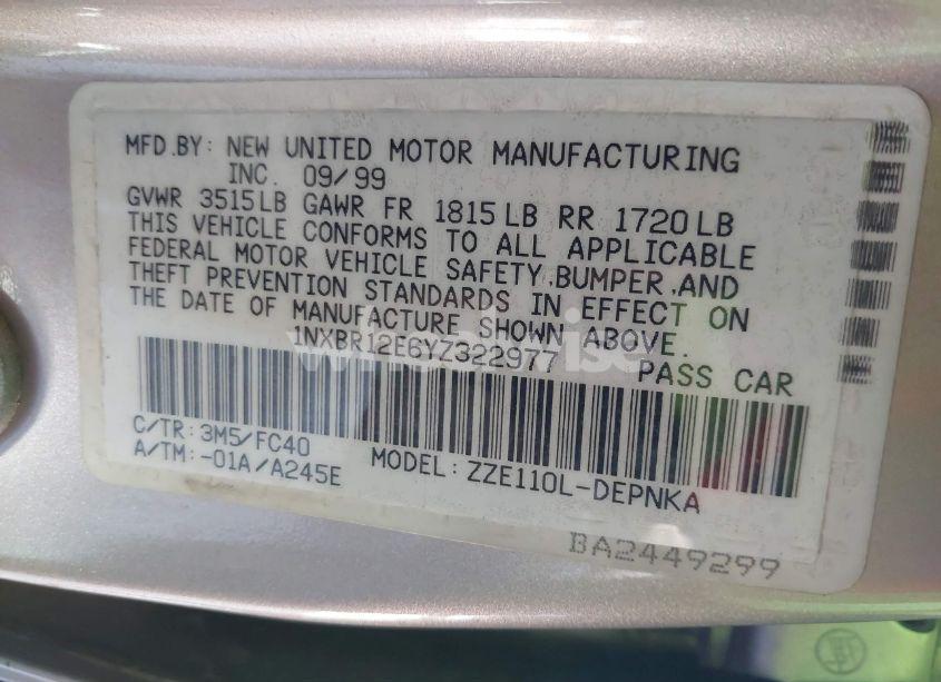 Photo 9 of 2000 Toyota Corolla LE (VIN 1NXBR12E6YZ322977)