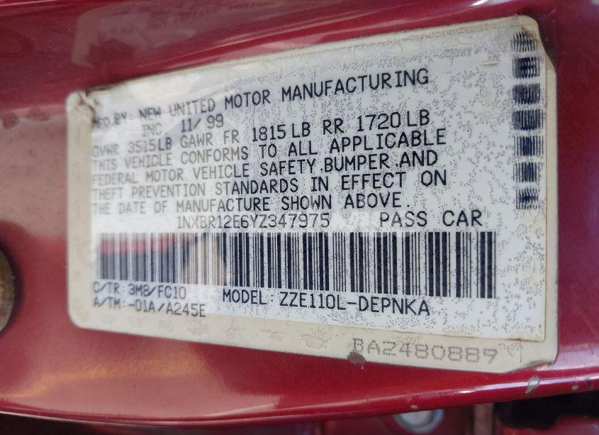 Photo 9 of 2000 Toyota Corolla LE (VIN 1NXBR12E6YZ347975)