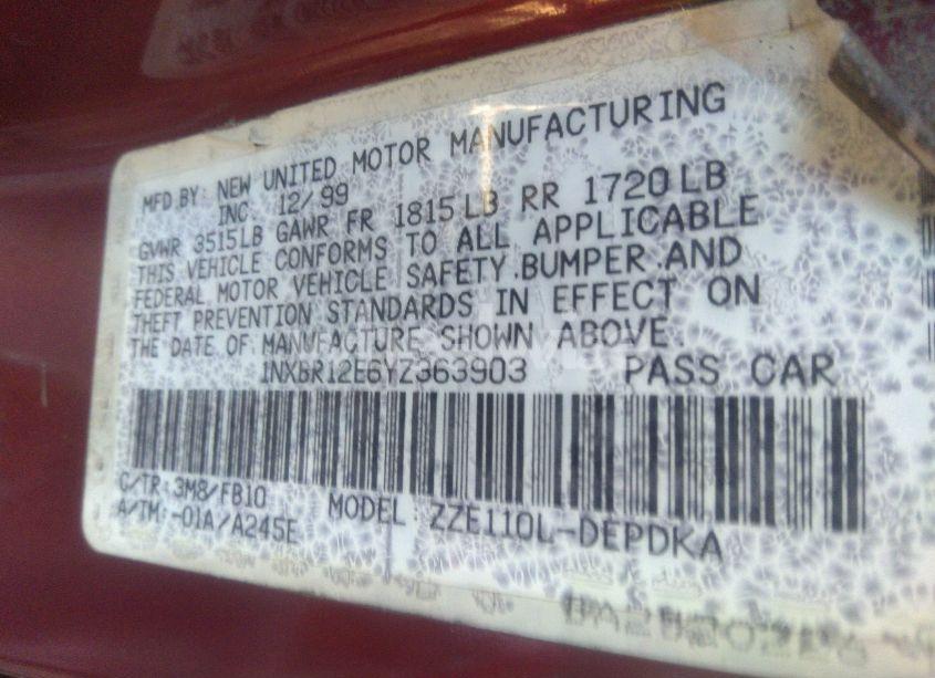 Photo 9 of 2000 Toyota Corolla CE (VIN 1NXBR12E6YZ363903)