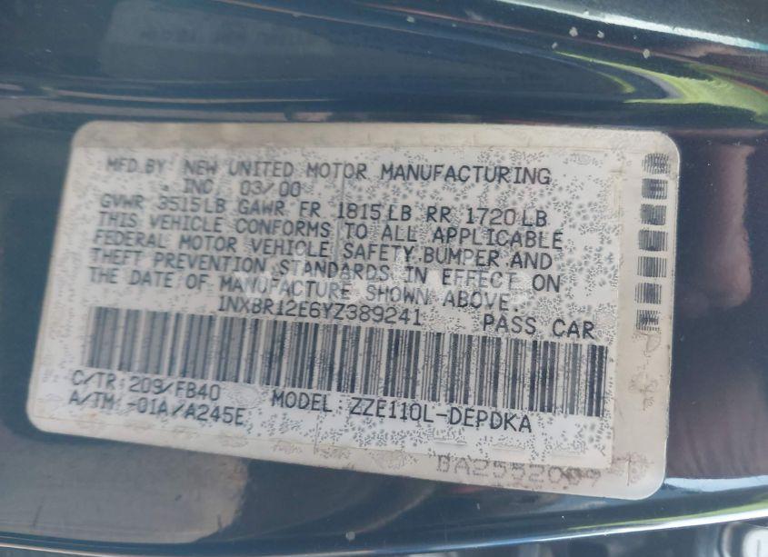 Photo 9 of 2000 Toyota Corolla CE (VIN 1NXBR12E6YZ389241)