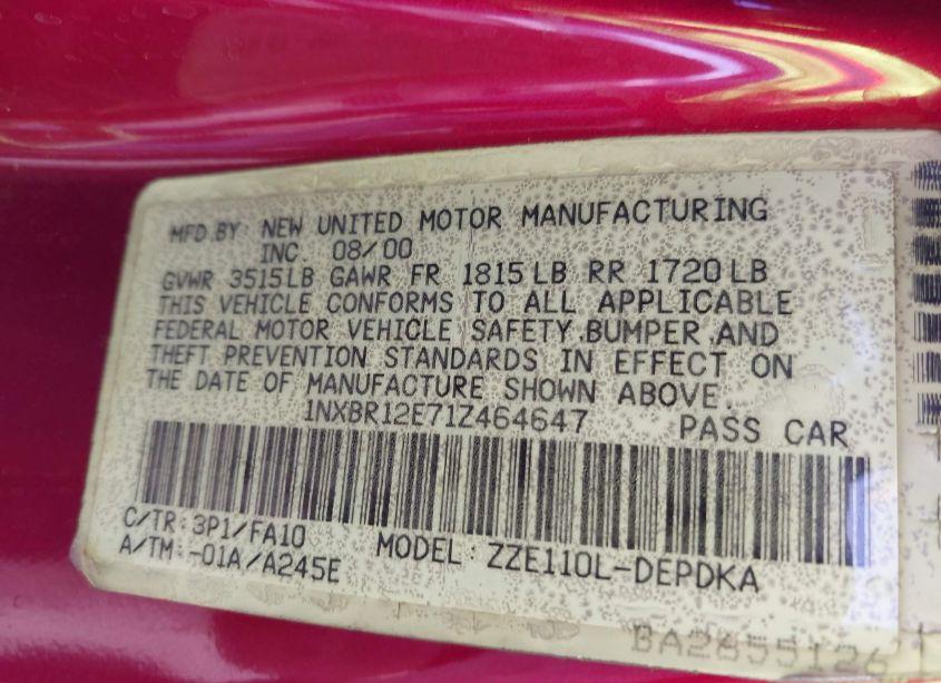 Photo 9 of 2001 Toyota Corolla LE (VIN 1NXBR12E71Z464647)