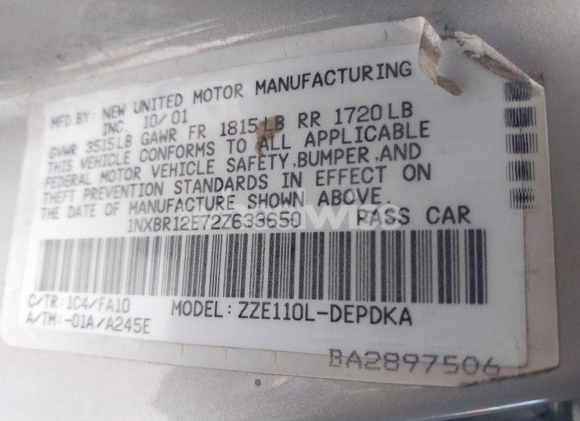 Photo 9 of 2002 Toyota Corolla LE (VIN 1NXBR12E72Z633650)