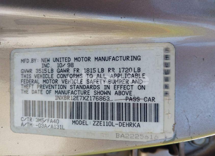 Photo 9 of 1999 Toyota Corolla VE (VIN 1NXBR12E7XZ176863)