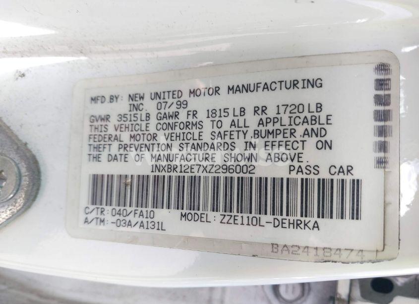 Photo 9 of 1999 Toyota Corolla VE (VIN 1NXBR12E7XZ296002)