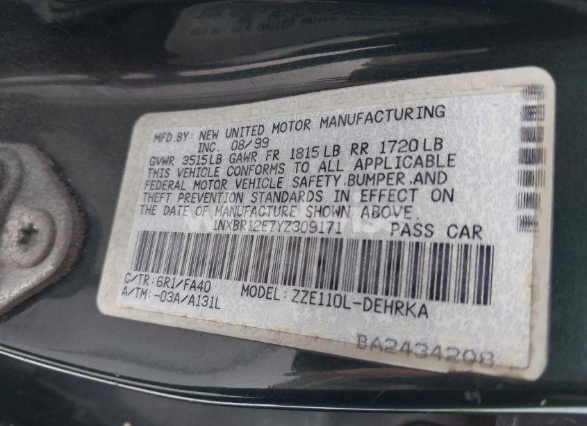 Photo 9 of 2000 Toyota Corolla VE (VIN 1NXBR12E7YZ309171)