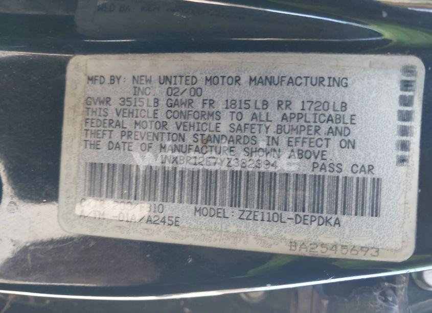 Photo 9 of 2000 Toyota Corolla CE (VIN 1NXBR12E7YZ382394)