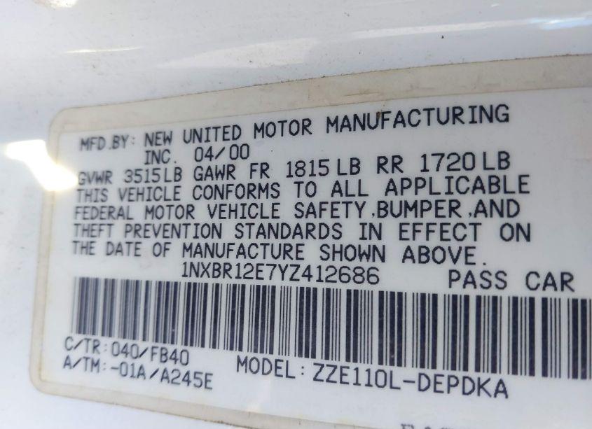 Photo 9 of 2000 Toyota Corolla CE (VIN 1NXBR12E7YZ412686)