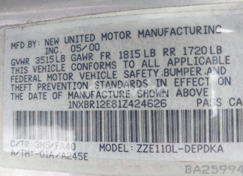 Photo 9 of 2001 Toyota Corolla LE (VIN 1NXBR12E81Z424626)