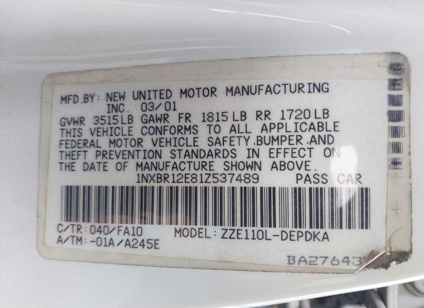 Photo 9 of 2001 Toyota Corolla LE (VIN 1NXBR12E81Z537489)