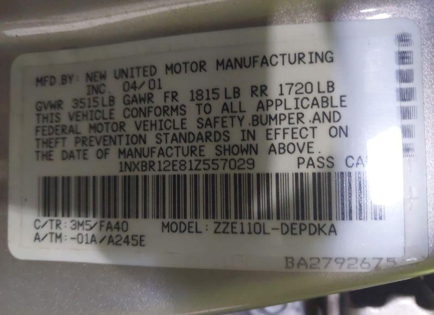 Photo 9 of 2001 Toyota Corolla LE (VIN 1NXBR12E81Z557029)