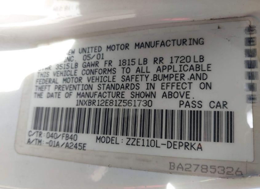 Photo 9 of 2001 Toyota Corolla CE (VIN 1NXBR12E81Z561730)