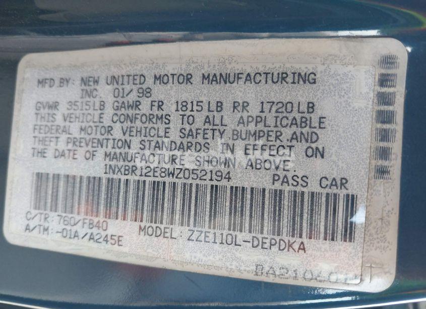 Photo 9 of 1998 Toyota Corolla CE (VIN 1NXBR12E8WZ052194)