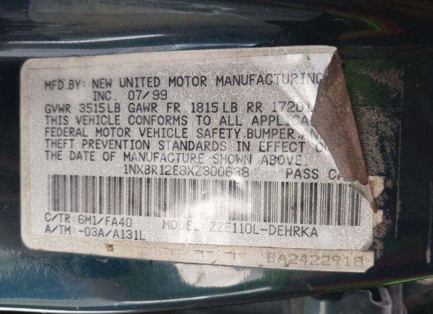 Photo 9 of 1999 Toyota Corolla VE (VIN 1NXBR12E8XZ300638)