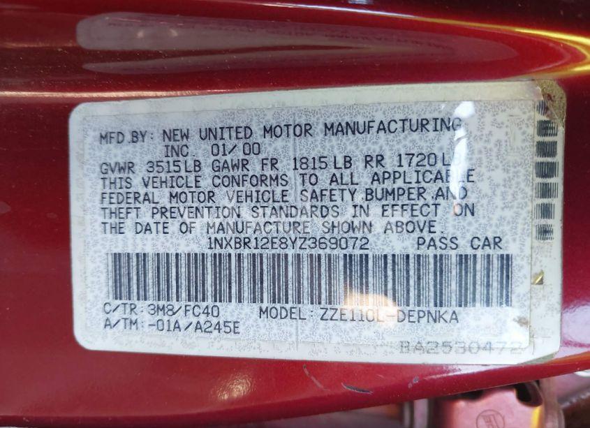 Photo 9 of 2000 Toyota Corolla CE/LE/VE (VIN 1NXBR12E8YZ369072)