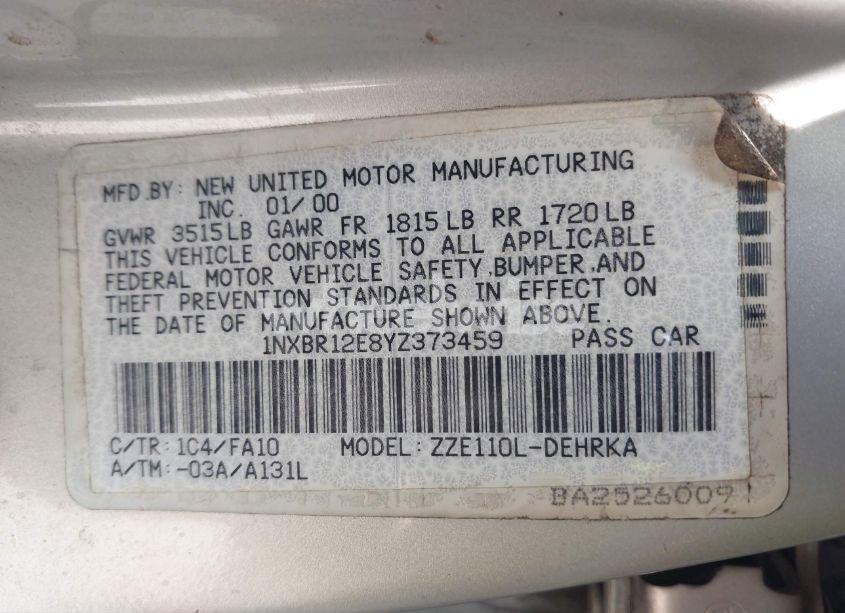 Photo 9 of 2000 Toyota Corolla VE (VIN 1NXBR12E8YZ373459)