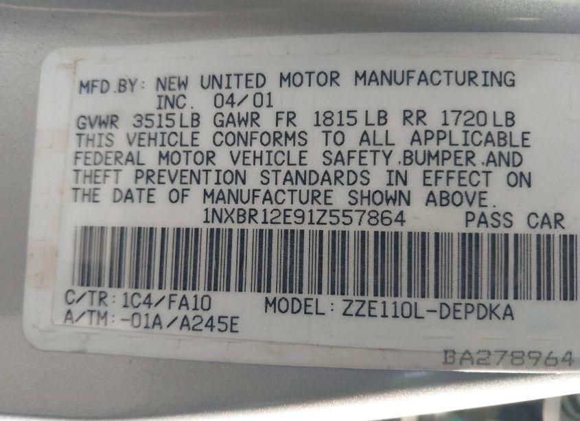 Photo 9 of 2001 Toyota Corolla LE (VIN 1NXBR12E91Z557864)