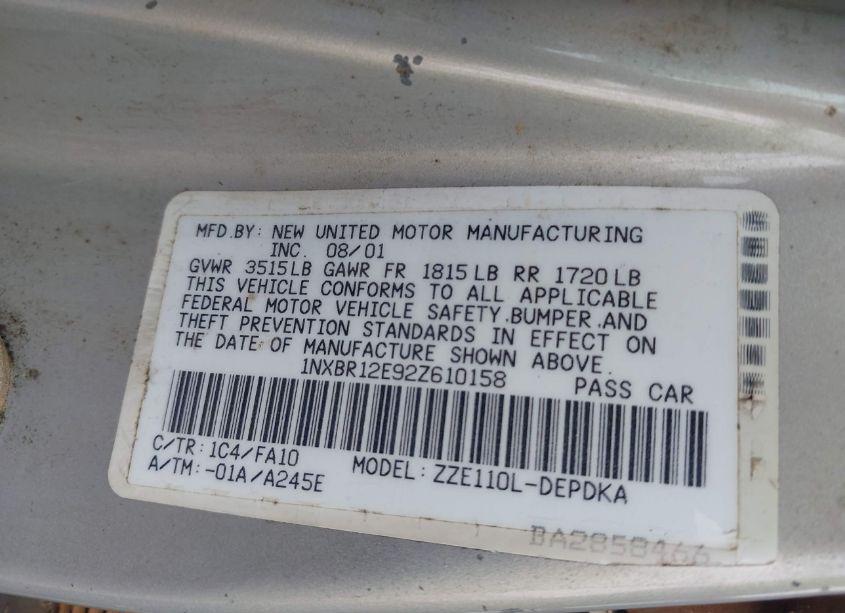 Photo 9 of 2002 Toyota Corolla LE (VIN 1NXBR12E92Z610158)