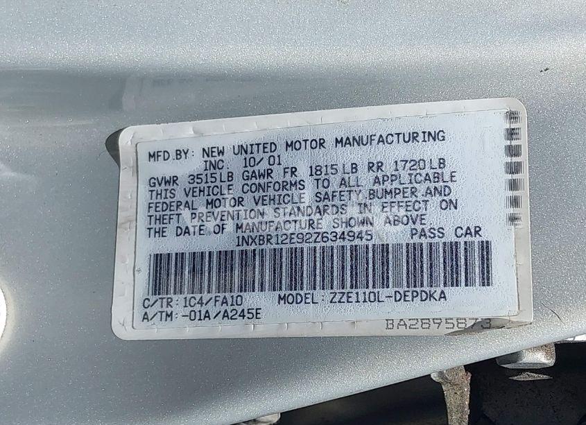 Photo 9 of 2002 Toyota Corolla LE (VIN 1NXBR12E92Z634945)