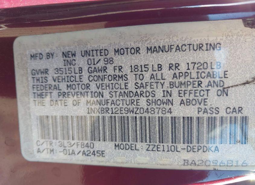 Photo 9 of 1998 Toyota Corolla CE (VIN 1NXBR12E9WZ048784)