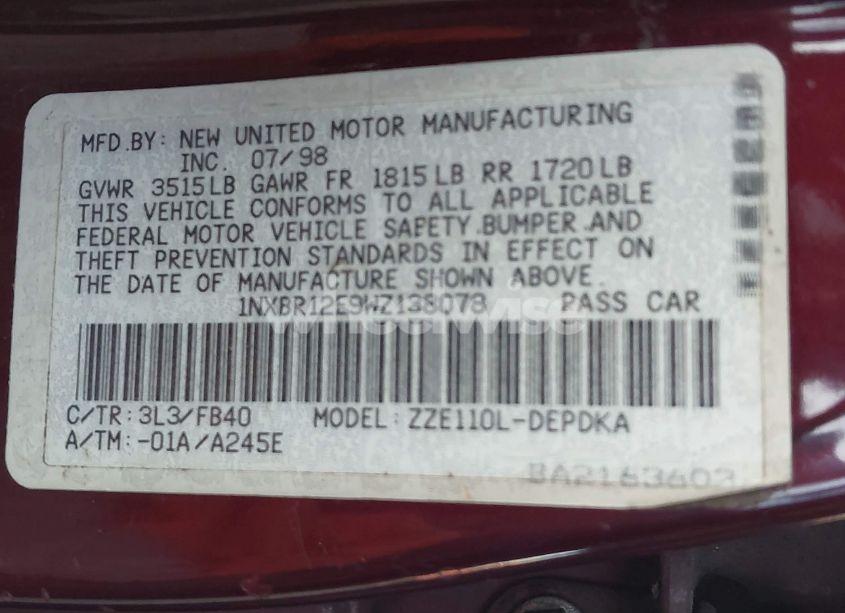 Photo 9 of 1998 Toyota Corolla CE (VIN 1NXBR12E9WZ138078)