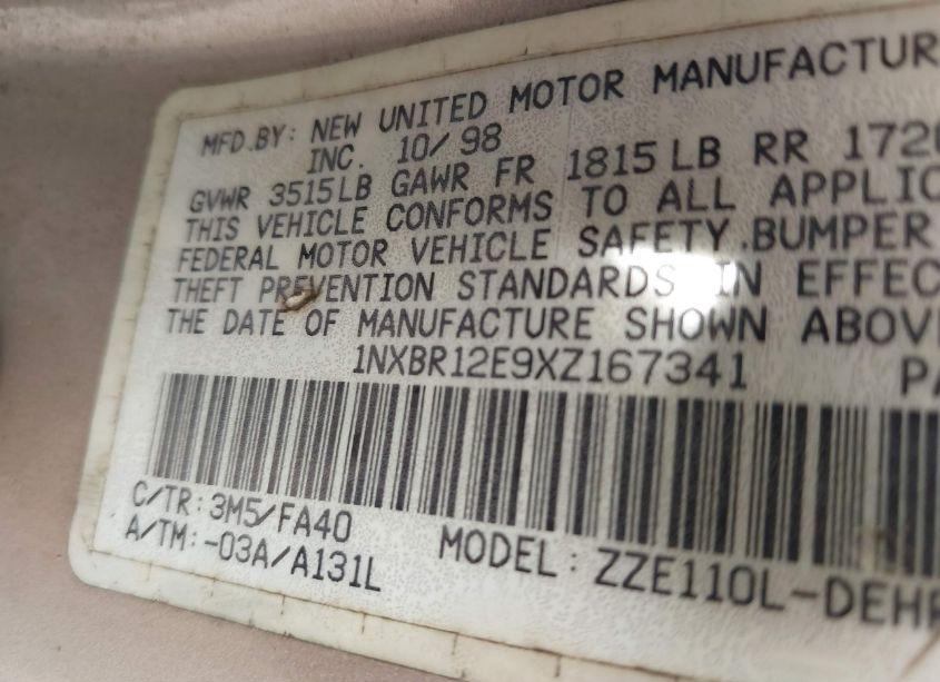 Photo 9 of 1999 Toyota Corolla VE (VIN 1NXBR12E9XZ167341)