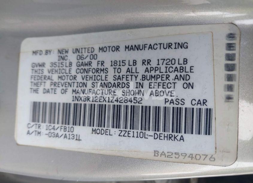 Photo 9 of 2001 Toyota Corolla CE (VIN 1NXBR12EX1Z428452)