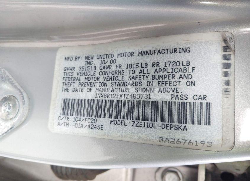 Photo 9 of 2001 Toyota Corolla S (VIN 1NXBR12EX1Z480731)