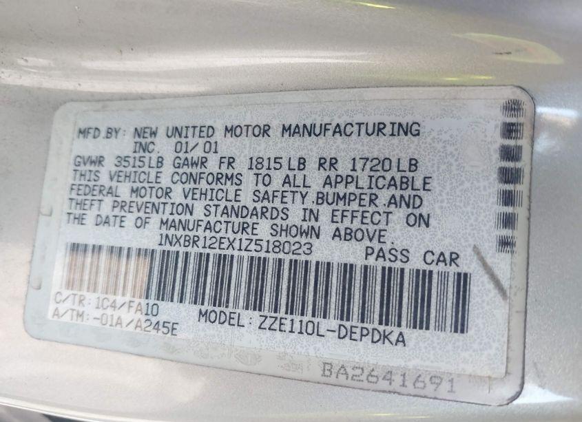 Photo 9 of 2001 Toyota Corolla LE (VIN 1NXBR12EX1Z518023)