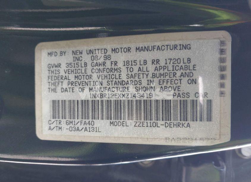 Photo 9 of 1999 Toyota Corolla VE (VIN 1NXBR12EXXZ143419)