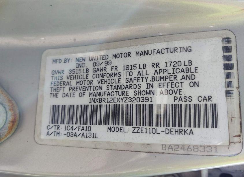 Photo 9 of 2000 Toyota Corolla VE (VIN 1NXBR12EXYZ320391)