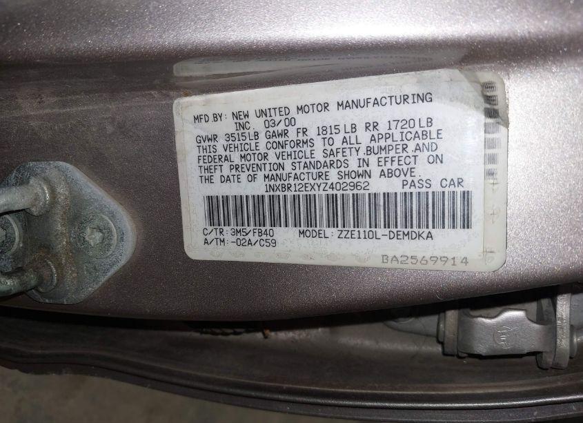 Photo 9 of 2000 Toyota Corolla CE (VIN 1NXBR12EXYZ402962)