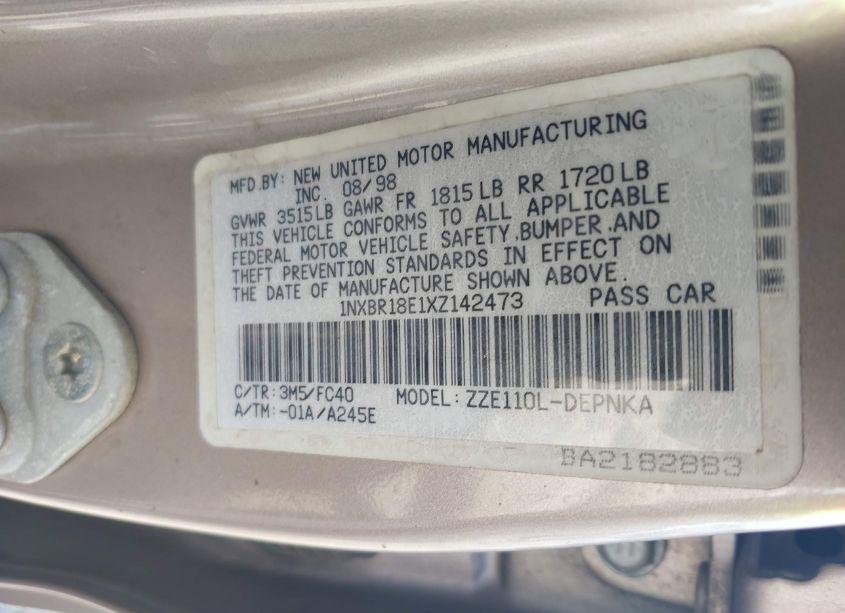 Photo 9 of 1999 Toyota Corolla LE (VIN 1NXBR18E1XZ142473)