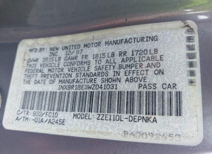 Photo 9 of 1998 Toyota Corolla LE (VIN 1NXBR18E3WZ041031)