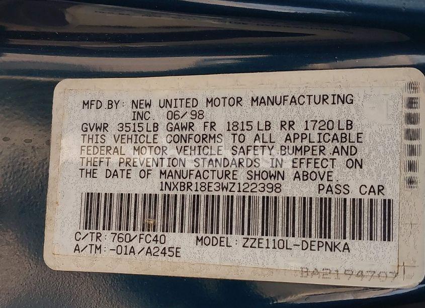 Photo 9 of 1998 Toyota Corolla LE (VIN 1NXBR18E3WZ122398)