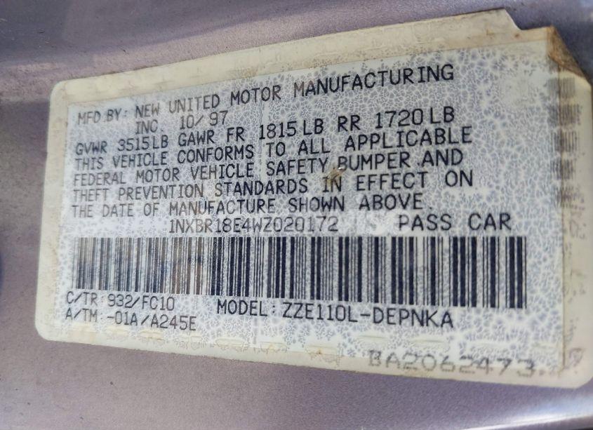 Photo 9 of 1998 Toyota Corolla LE (VIN 1NXBR18E4WZ020172)